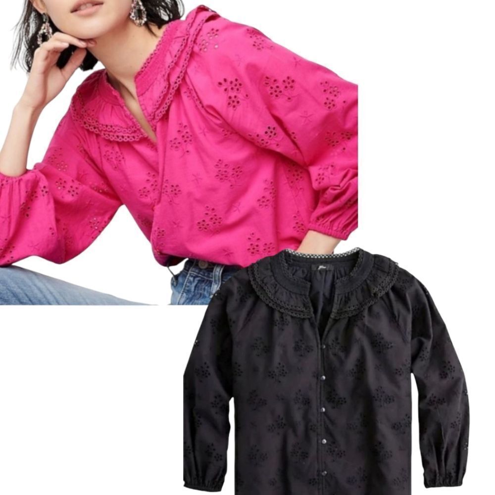 Jcrew not Factory Black cotton  Button-front black eyelet peasant Lined Blouse S